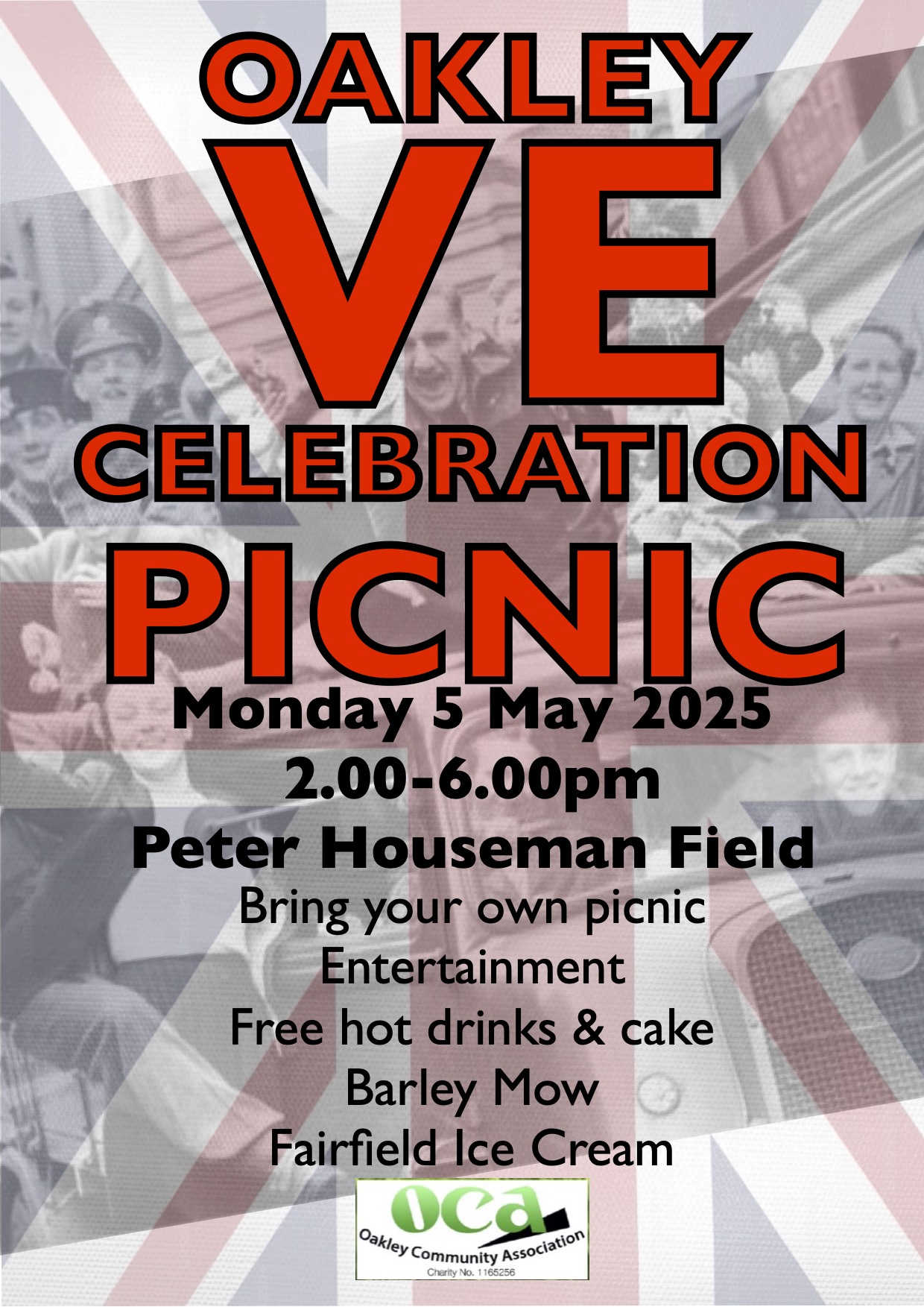 VE Celebration Picnic poster. Details advertising event in red and black text. Union flag in background.