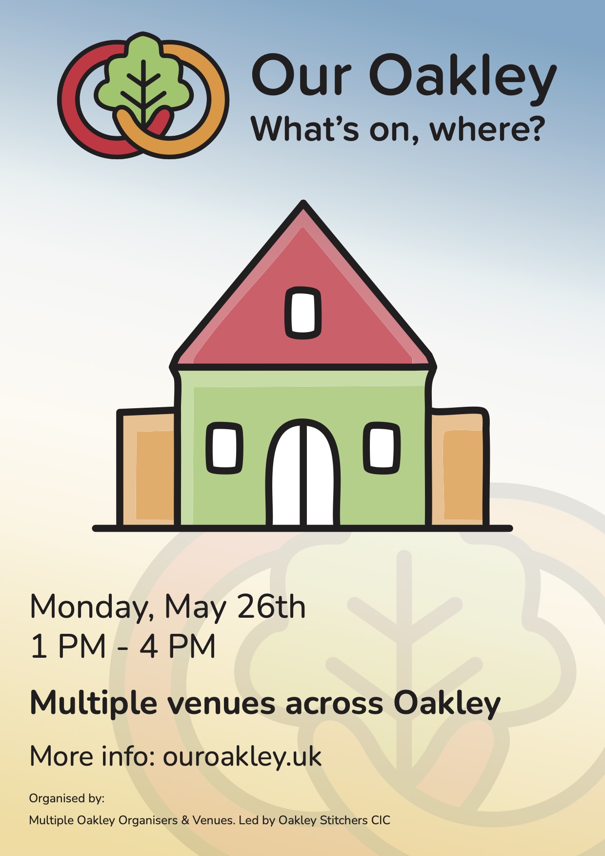 Our Oakley - What’s On, Where? poster. Green, red and orange drawing of a hall. Date and time of event advertised.