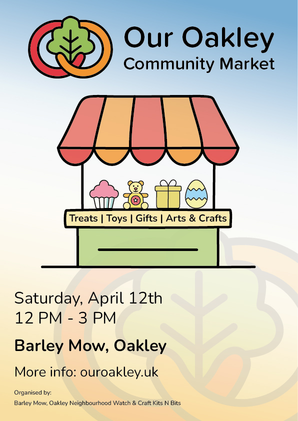Our Oakley Community Market poster. Stall with cupcake, bear, present and easter egg. Saturday April 12th 12 PM - 3 PM Barley Mow, Oakley